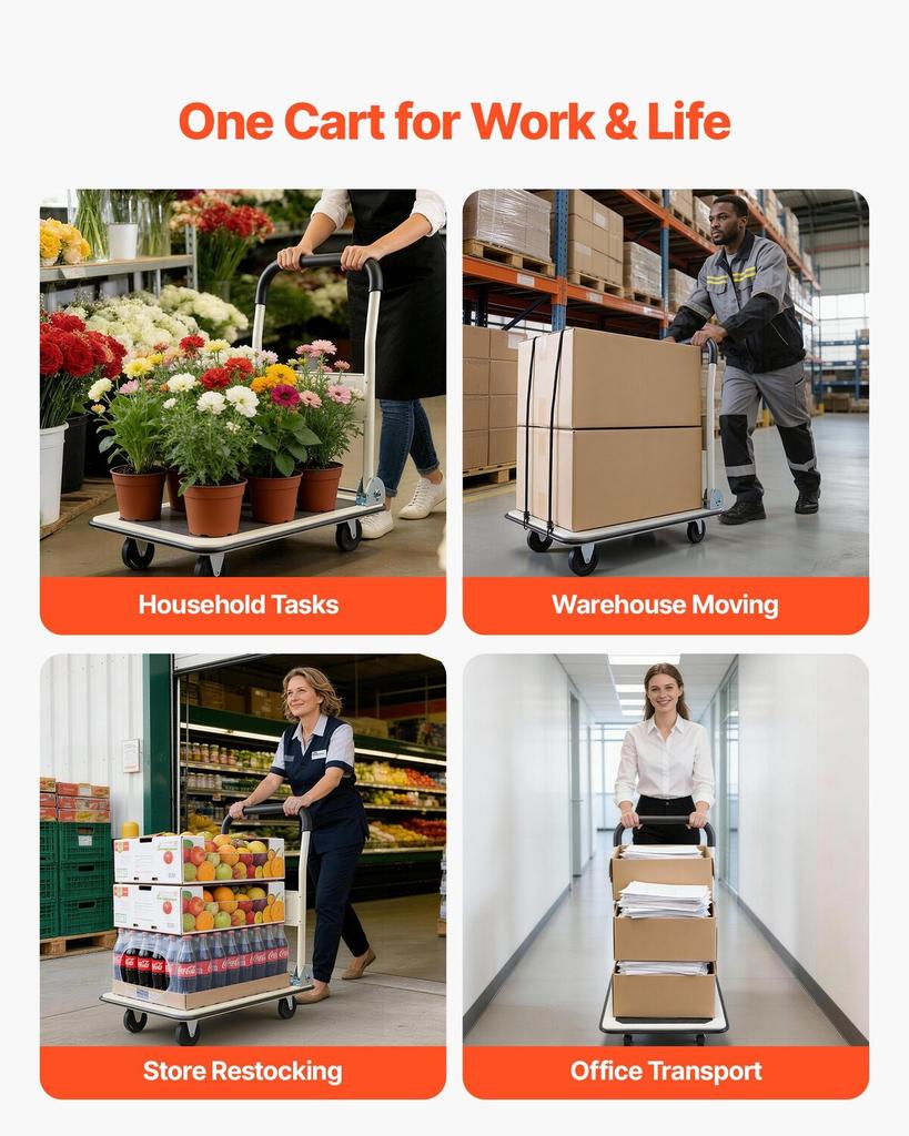 Foldable Push Cart Dolly, 149.69 Kg Capacity, Folding Platform Truck with Swivel Wheels, Moving Platform Hand Truck Flatbed Cart, Space Saving Push