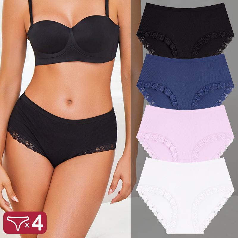 FINETOO 4Pcs/Set Ladies Mid Rise Underwear Cotton Ribbed Panties Floral Lace Edge Underpants Breathable Soft Women Briefs Multi‑color