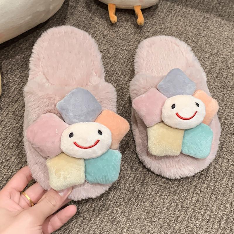 Cute Girls Winter Fur Slippers Fashion Flower Trend Kids Cotton Shoes Non-slip Soft Fluffy Versatile Children Warm Home Slippers
