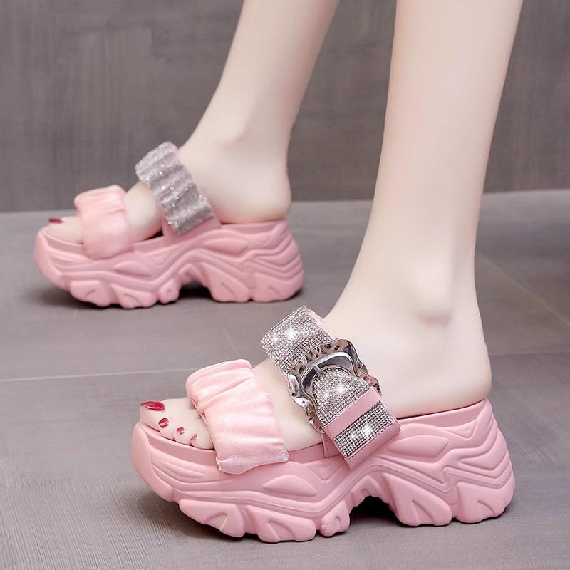 High Platform Flip-Flops Women s Summer Casual Slippers Crystal 75CM Wedge Slides Bling Chunky Sandals Open Toed Beach Slippers 34 розовый 6115₽