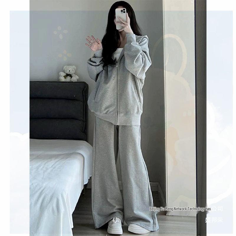 Women's Loose Hooded Grey Sweatshirt & Wide-Leg Pants Set for Autumn/Winter