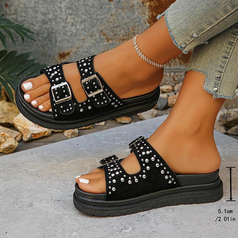 Fashion Double Buckles Rivet Decor Slippers Women Summer Lightweight Platform Sandals for Lady Slip On Ware-Resistant Flat Sandals Mujer