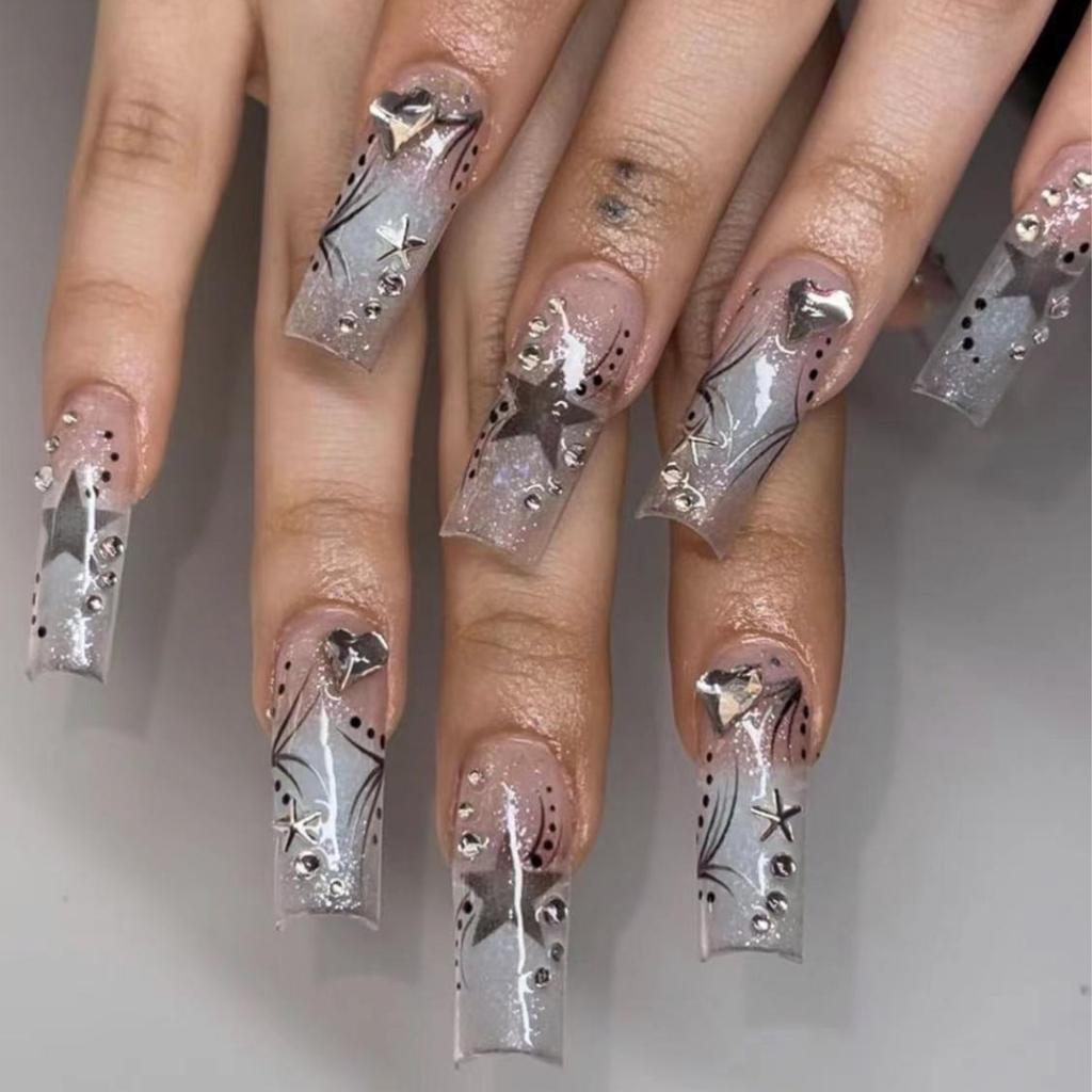24PCS Glossy Blue Blush Long Square False Nail with Glue Sweet Cool Simple Star Patterns French Fake Nails Tip Wearable Press On