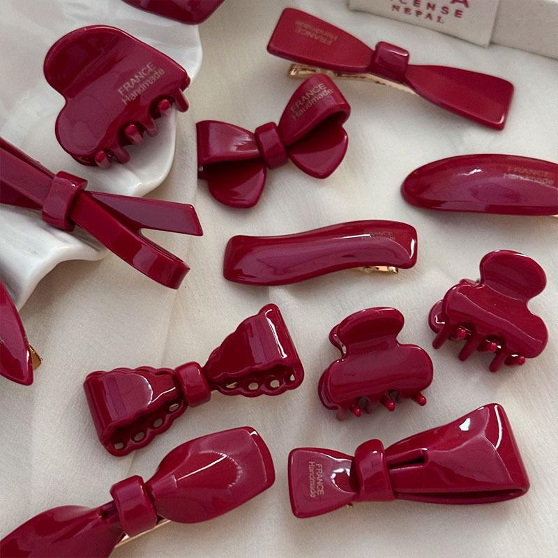 Festive Wine Red Bow Duckbill Hair Clip - Sweet Retro Style