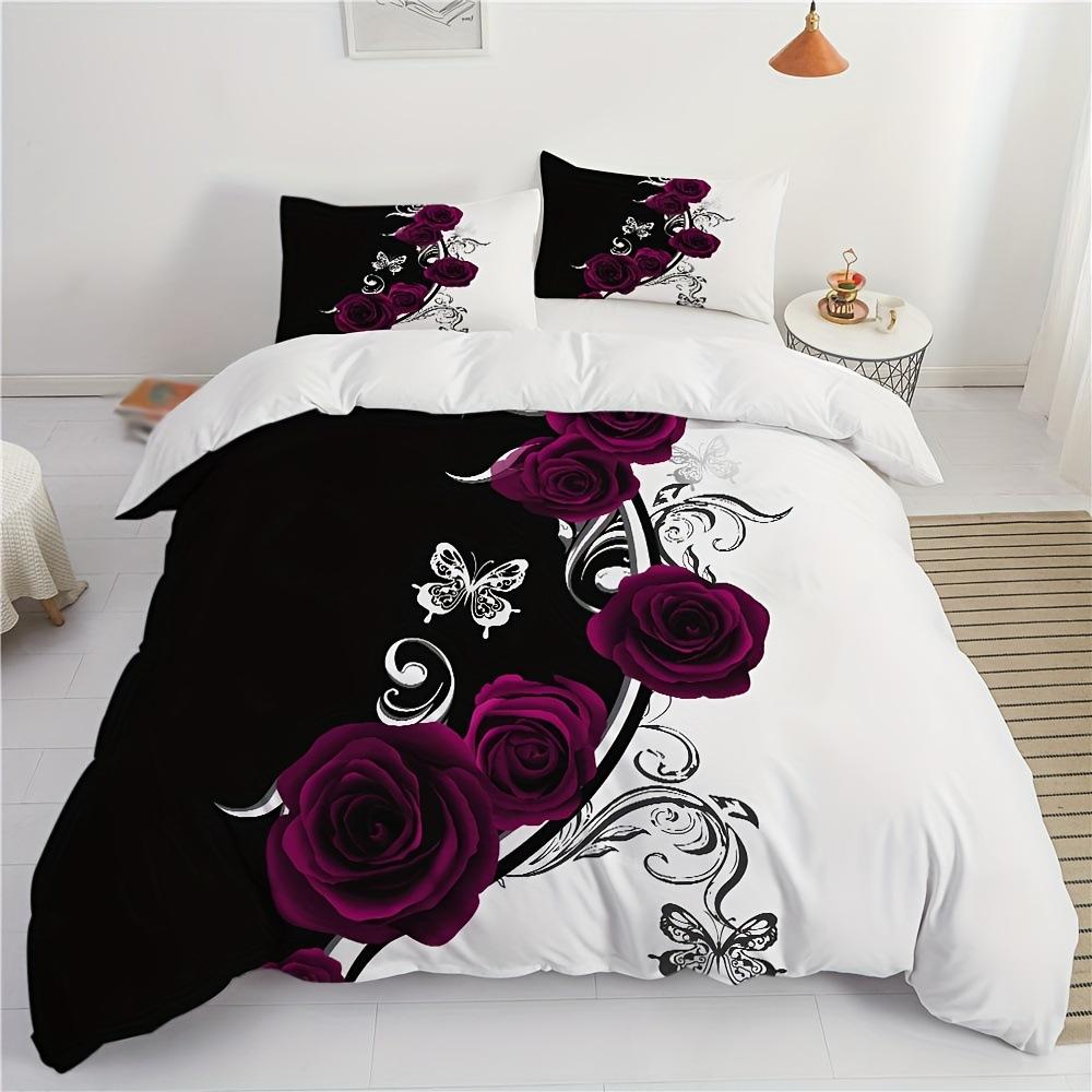 Purple Rose Duvet Set Romantic Flower Bedding Flower Three-Piece Valentine'S Day Couple Gift