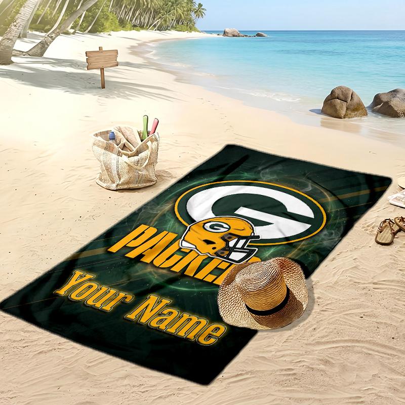 Green Bay Packers Custom Beach Towel, Print Your Name Text Lightweight Absorbent Towel for Swimming Travel