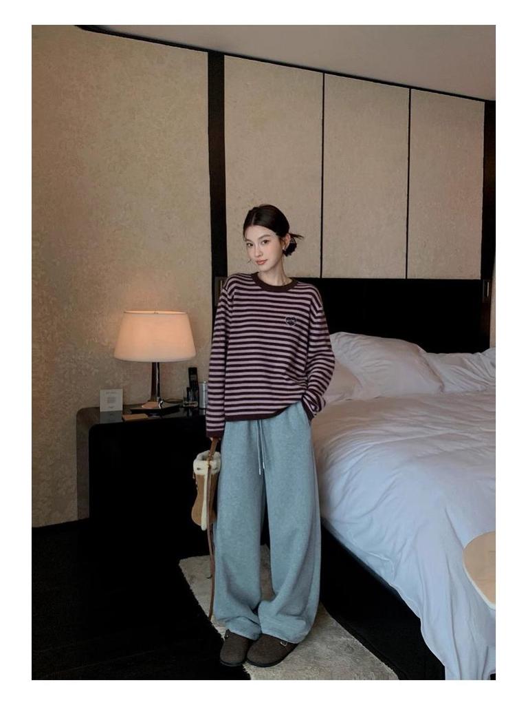 700g Lambswool Heavyweight Fleece Brushed Women's High-Waist Wide-Leg Warm Trousers