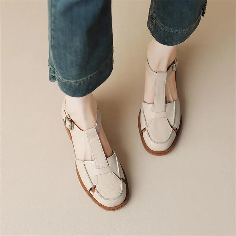 Fashion 2025 Summer Sandals Cowhide Round Toe Women Sandals Chunky Heel Women Shoes Cover Toe Shoes for Women Hollow Out Mary Jane Shoes