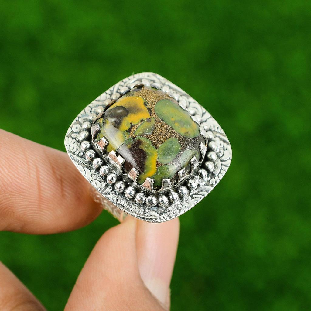 Sterling Silver Natural Rhyolite Ethnic Statement Bezel Daughter Ring US 8.25