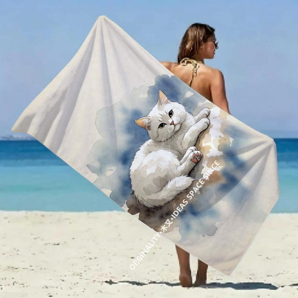 Watercolor Cute Cat Beach Towel Patterned Sunscreen And Windproof Suitable For Swimming Pool Camping Travel Blanket