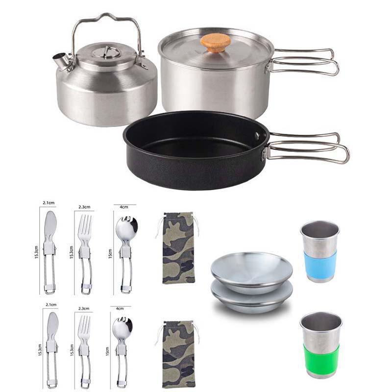 3-Piece 304 Stainless Steel Camping Cookware Set: Kettle, Frying Pan, Cooking Pot with Utensils