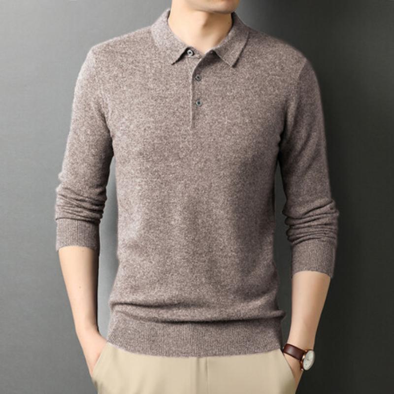 Pure Wool Autumn Sweater Men's Lapel Long Sleeve Thin Cashmere Sweater Men's Trend Base