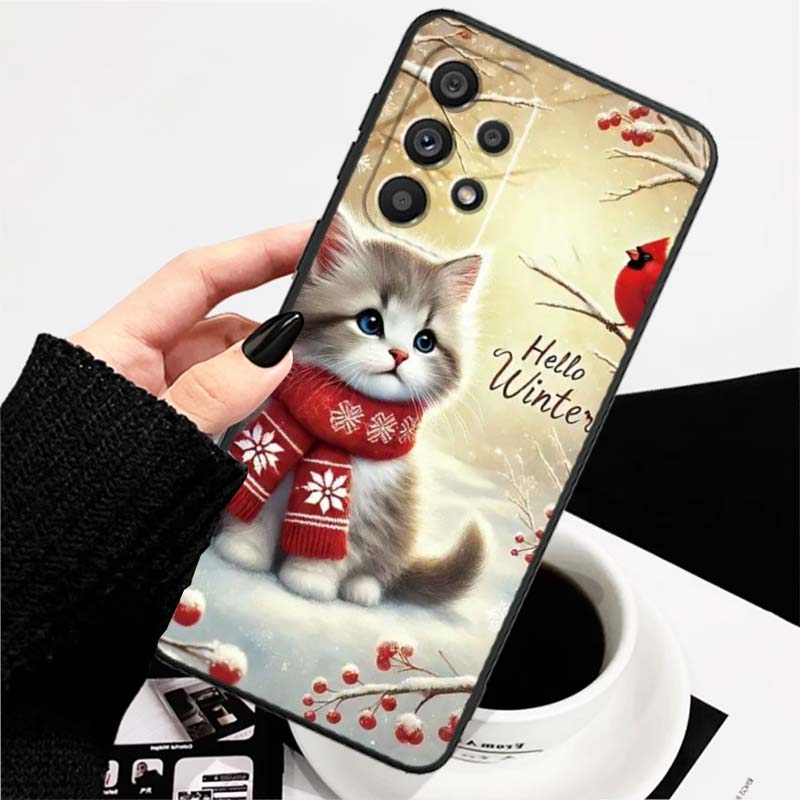 Cute cartoon cat illustration Phone Case For Samsung A73 A72 A71 A55 A54 A53 A52 A51 A13 A22 A16 A15 A12 A14 A26 A07 5G Black