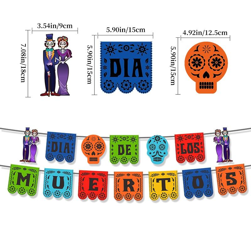 Mexican Day Of The Dead Party Decoration Pull Flag Banner Skull Head Banner Flag Cake Topper Halloween Wall Decoration