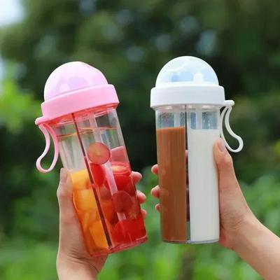 Leak-proof Drink Water Bottles Dual Straw Separate Transparent Plastic Bottle Gift Sports Bottle