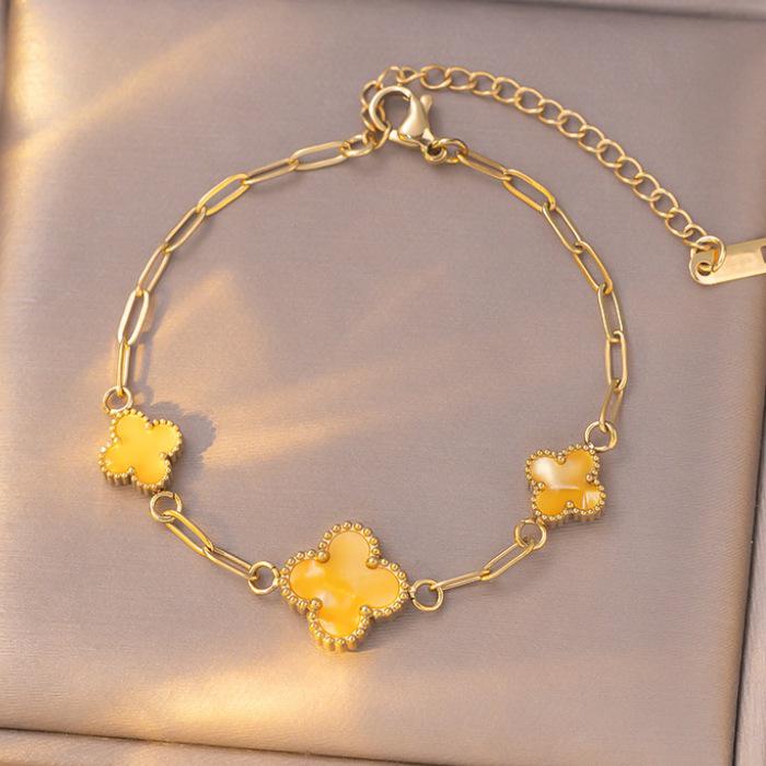 18K Light Luxury Titanium Steel Clover & Triple-Flower Bracelet with Mother-of-Pearl for Women