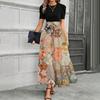 Women Short Sleeve Crewneck Floral Print High Waist Tie Belt Maxi Dress Casual Loose Fit Long Skirt Outfit