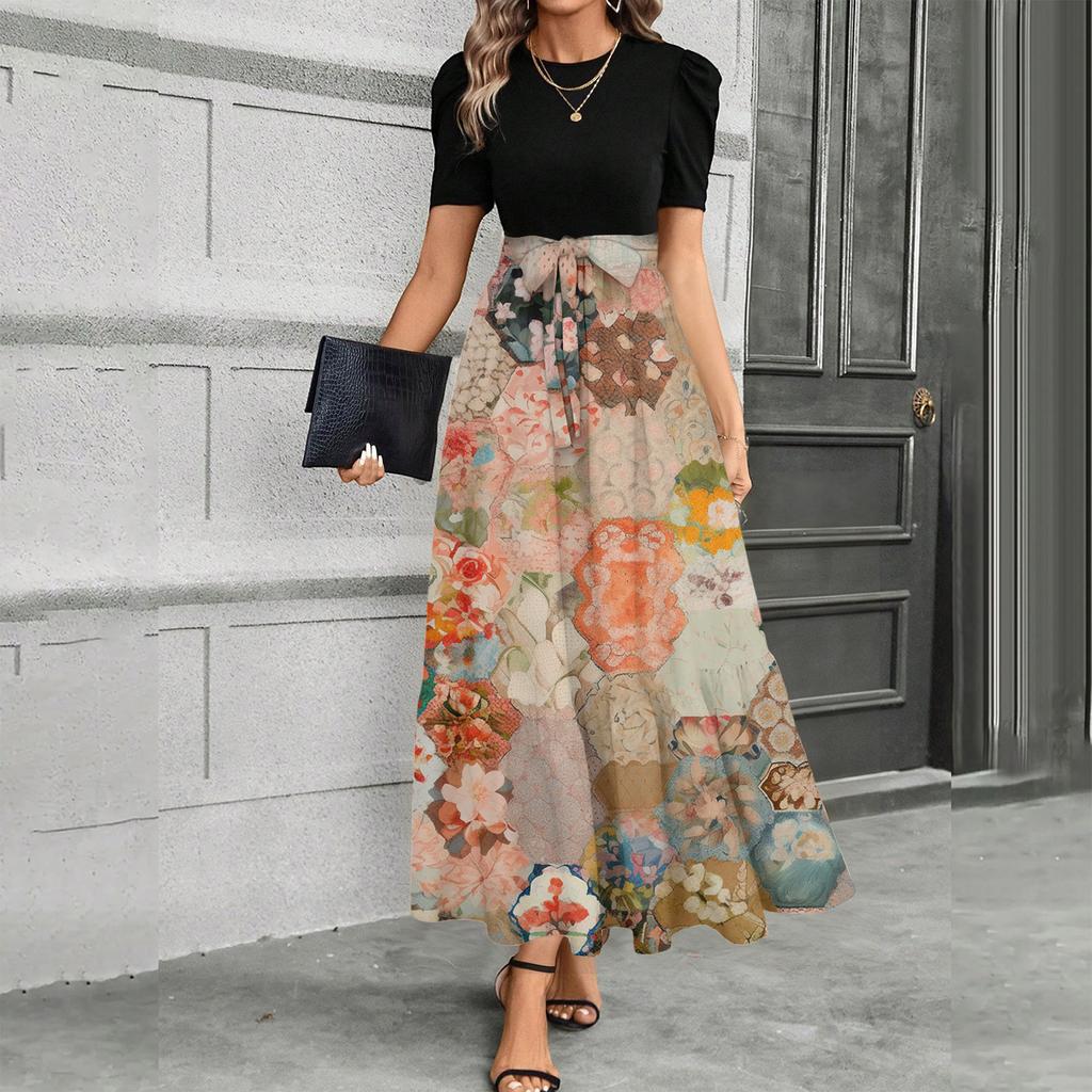 Women Short Sleeve Crewneck Floral Print High Waist Tie Belt Maxi Dress Casual Loose Fit Long Skirt Outfit