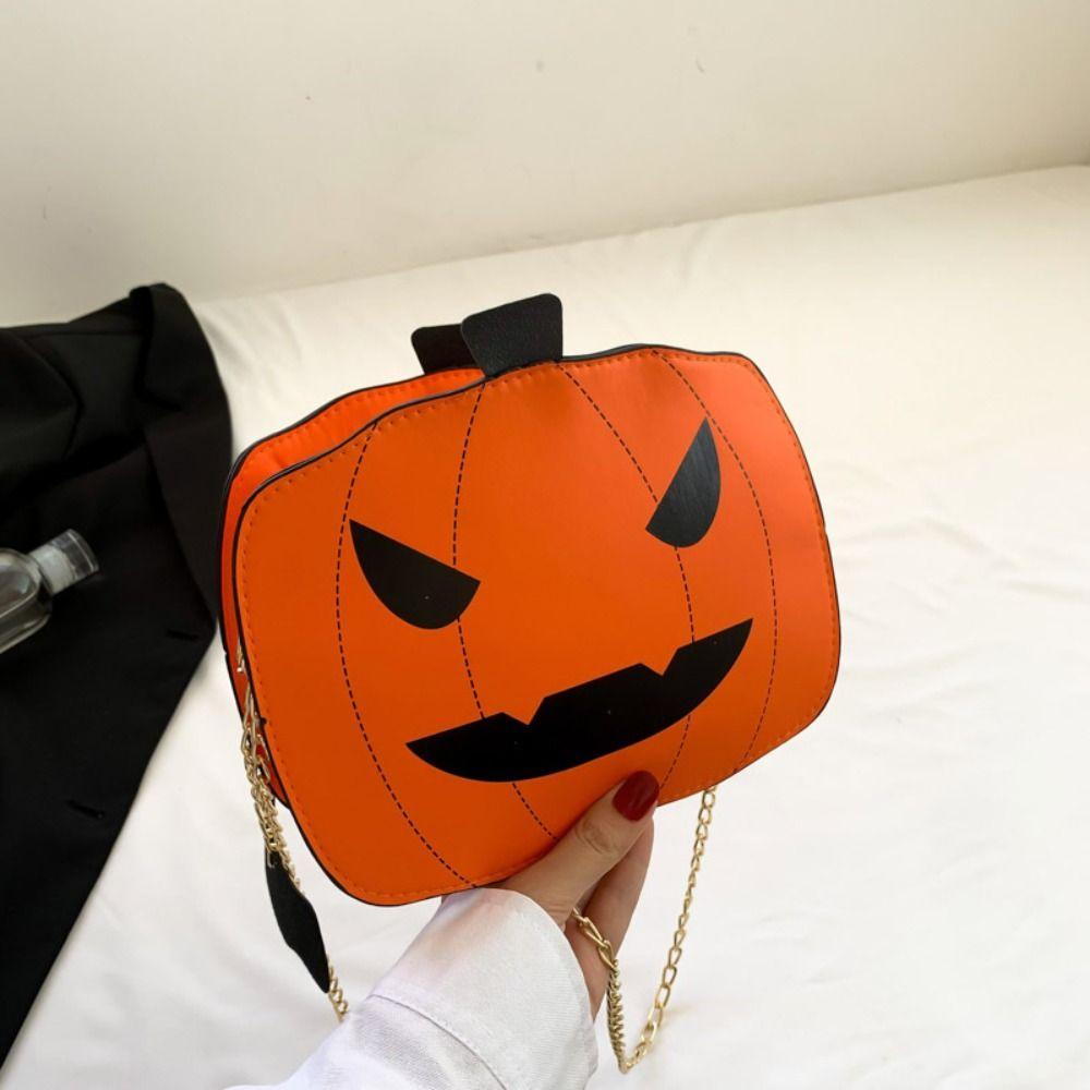 

Contrasting Colors Pumpkin Shape Bag Metal Chain Crossbody Bags Halloween Shoulder Bag Makeup Bag оранжевый