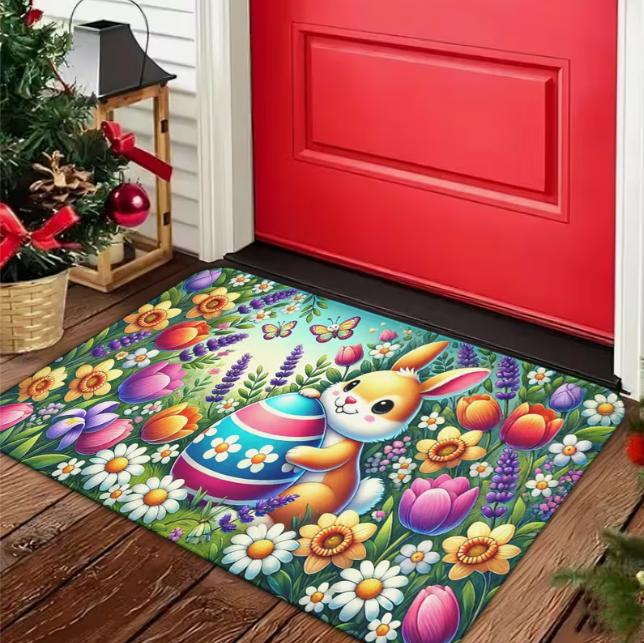 Flannel Spring Easter Bunny Easter Egg Flower Theme Print Door Mat Anti Slip Mat Carpet Spring Comfortable Floor Mat Decoration