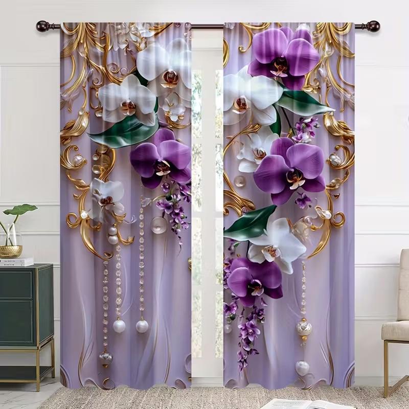 

2 шт. Штори з принтом квітучого перлового кулона, підходять для декору спальні, вітальні, кухні, декору дому, декору вікна 14Wx39L(35x100CM)x2&Rod Pocket