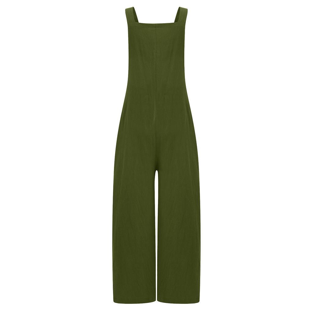 Women's Summer Casual Color Sleeveless Sling Pocket Wide Leg Side Button Jumpsuit