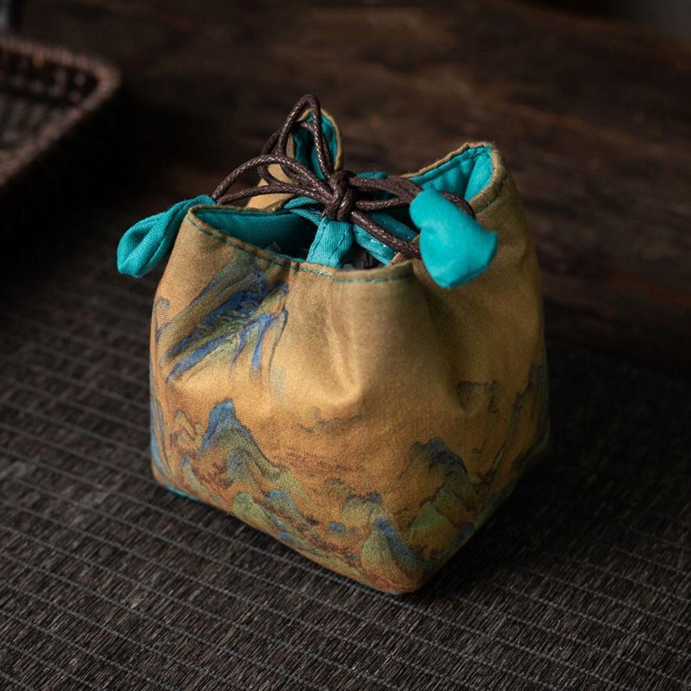 Breakage-proof Teacup Drawstring Cloth Pouch Print Embroidered Handbag Teaware Storage Bag  Purse