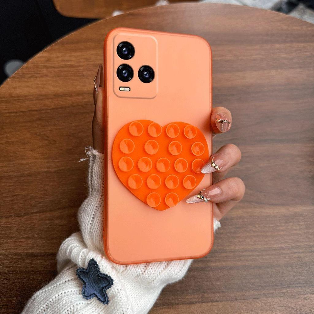 Heart Shape Suction Cup Phone Case for Vivo Y33T,Y33s,Y21T,Y21s,Y21 Semi Transparent Matte Shockproof Soft TPU Cover