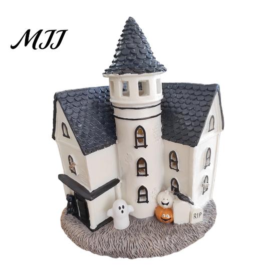 Decorative Mantelpiece Items Vintage Light-Up Cottage Halloween Decoration, Gothic Ghost Pumpkin Village House Miniature for Dioramas Figurine,