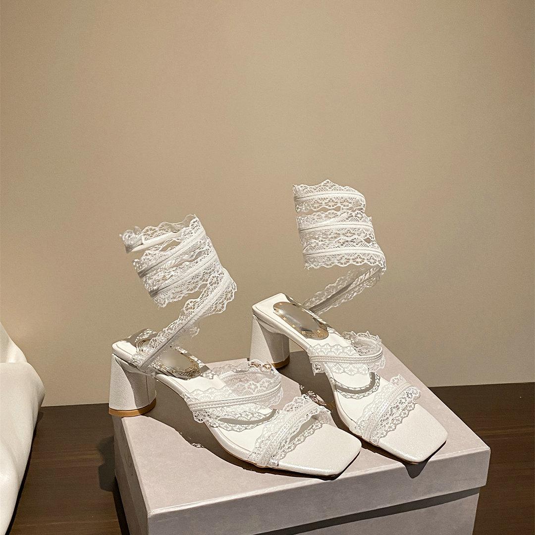 

Fashion A 2025 French Retro Lace Lace-Up Open-Toe High Heel Female Summer Wear Square-Toed Thick-Heeled Sandals On The Outside 34 белый