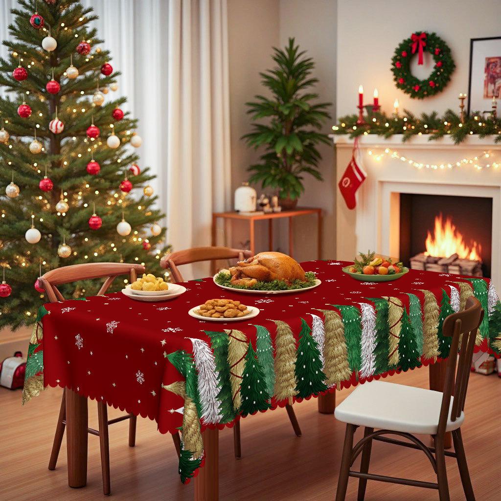 Red Christmas Grid Waterproof Dining Table Cloth, Rectangular/Round Snowflake Christmas Tree Pattern Light Luxury Dining Table Cloth