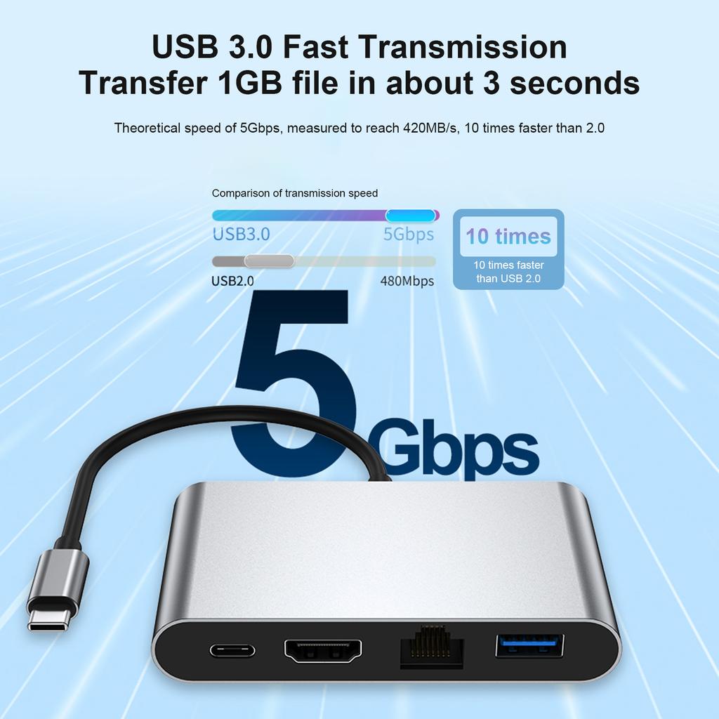 4 in 1 Docking Station TYPE-C to RJ45 100M HDMI USB3.0 PD Interface Hub Adapter