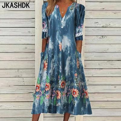 JKASHDK Women's Fashion Summer Spring Flower Pattern Print 1/2 Sleeves V-Neck Loose Waistline Casual Dresses