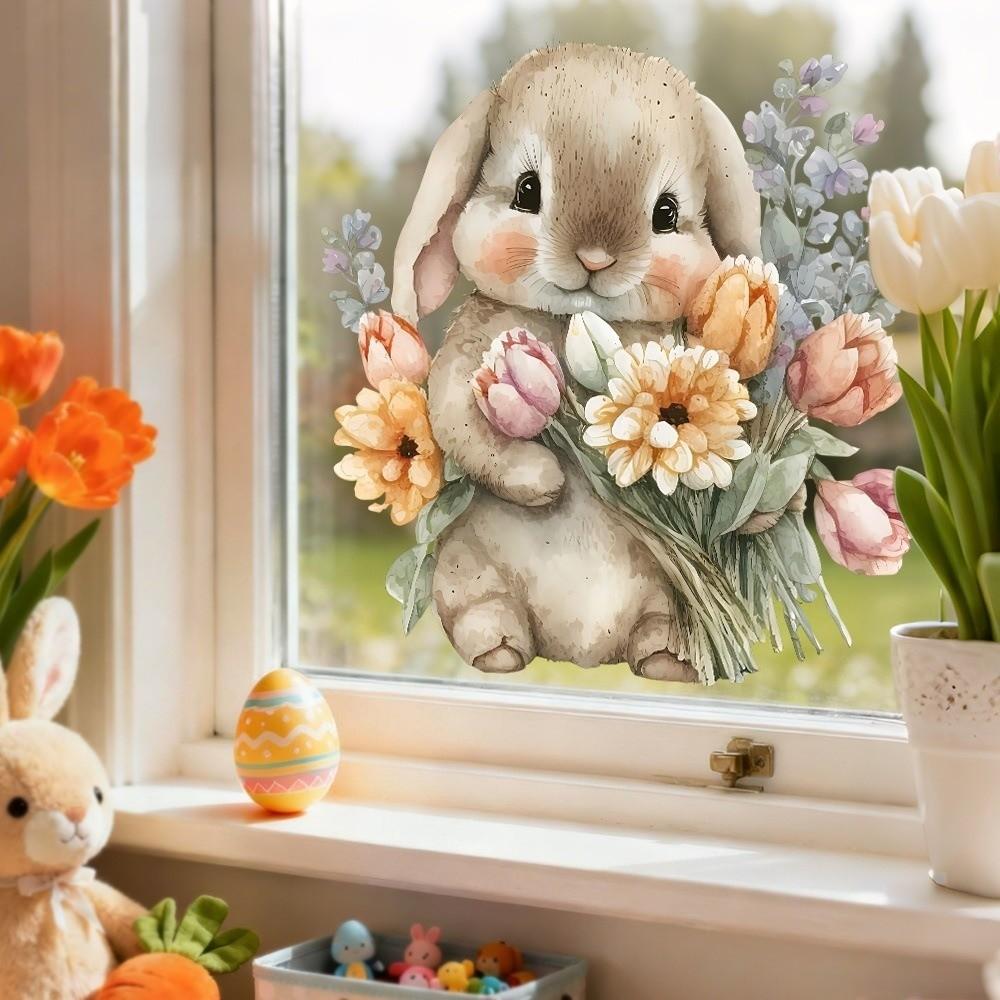 Easter Flower Rabbit Sticker PVC Festival Party Sticker New Wall Stickers  Window Decoration