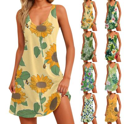 Lässiges Damenkleid mit V-Ausschnitt, ärmellos, Blumendruck und Seitentaschen