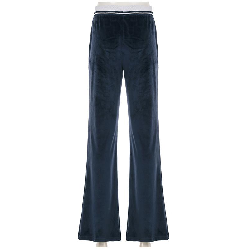 Blue Velvet Casual Pants Streetwear Stitching Straight Trousers Vintage Drawstring Low Rise Loose Women's Pants Basic 2025 Spring Autumn