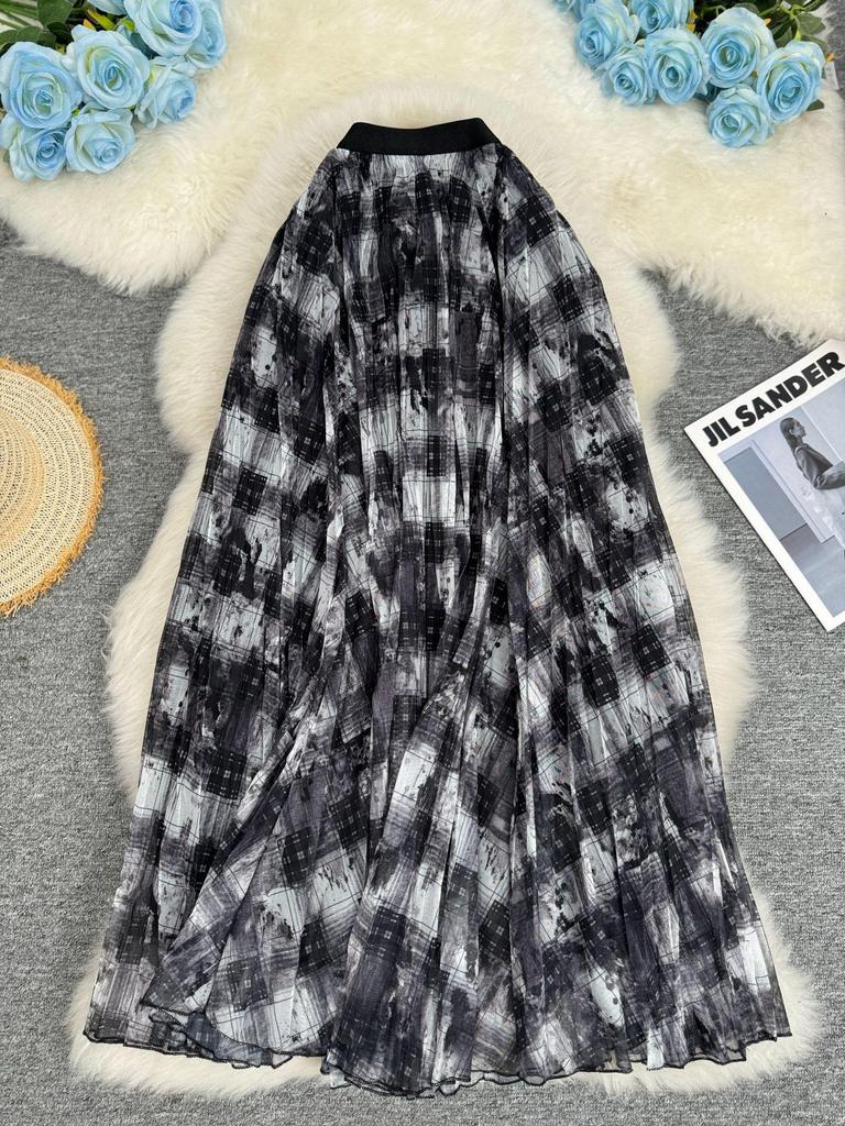 Retro Artistic A-Line Plaid Mesh Midi Skirt