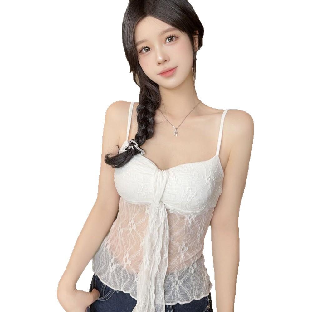 Summer new pure desire style bow lace suspender vest women's design sense slim and thin versatile top