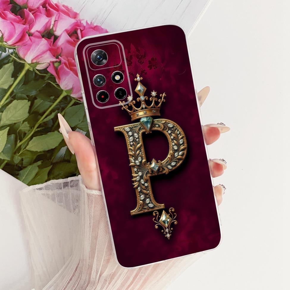 For Xiaomi Poco M4 Pro 5G Case Transparent Luxury Crown A-Z Letters 2D Flat Pattern Soft Phone Case 21091116AG MZB0BGVIN