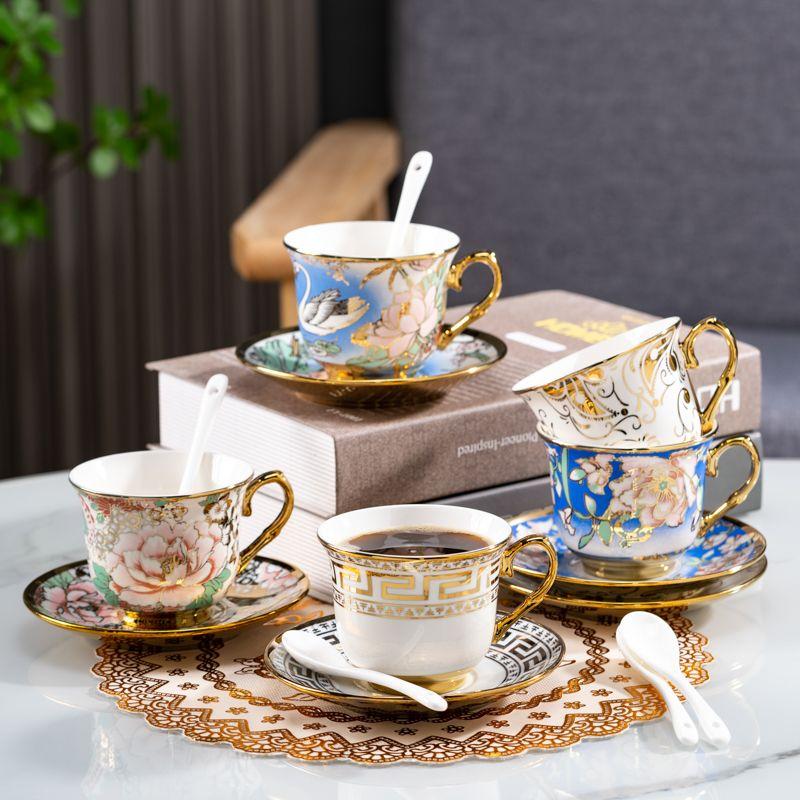 Luxurious 220ml Gold-Plated Porcelain Coffee Cup & Saucer Set with Spoon – Elegant Floral Design