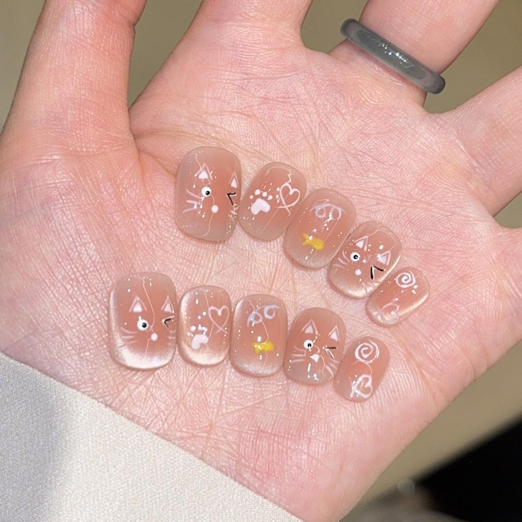 Hand-painted cat eye short pure handmade wear-in nail, high-end brightening boutique nail fake nail patches