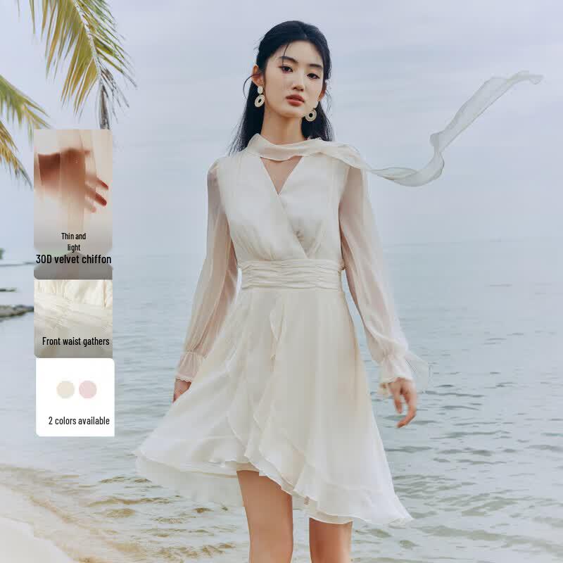 Elegant Tie-Neck Ruffle Hem A-line Dress L
