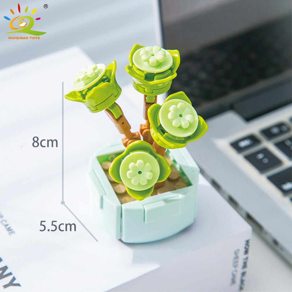 HUIQIBAO MOC Flower Succulent Potted Model Building Block DIY Eternal Bouquet Home Desk Plant Decor Brick Girl Gift Children Toy