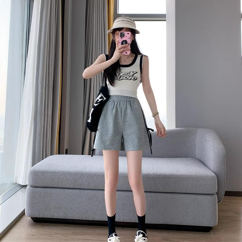 2024 Women's Gray High-Waist Loose Fit Slimming Sports Shorts - American Style, Petite, Wide-Leg, Summer Casual