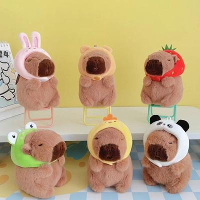 Cute Capybara Key Chain with Bee Rabbit Frog Bear Hat Bag Accessories CapIbara Keychain Cartoon Plush Animals Toy Birthday Gift