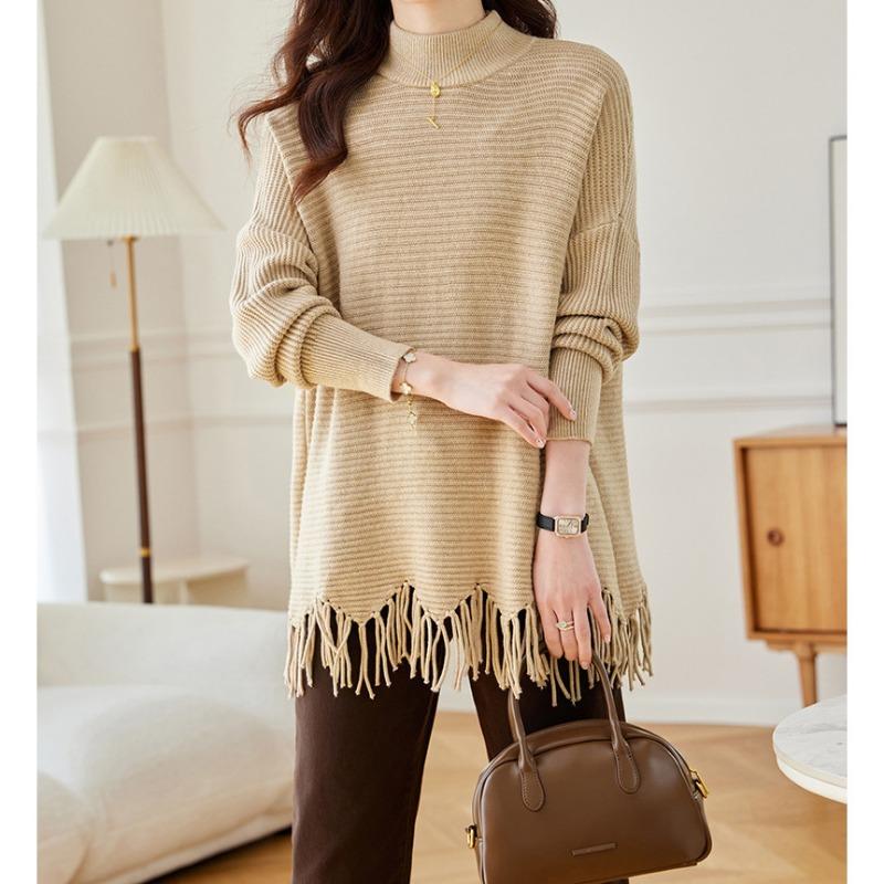 Medium and long fringed cape sweater femininity semi-turtleneck autumn and winter new loose large size knitted sweater