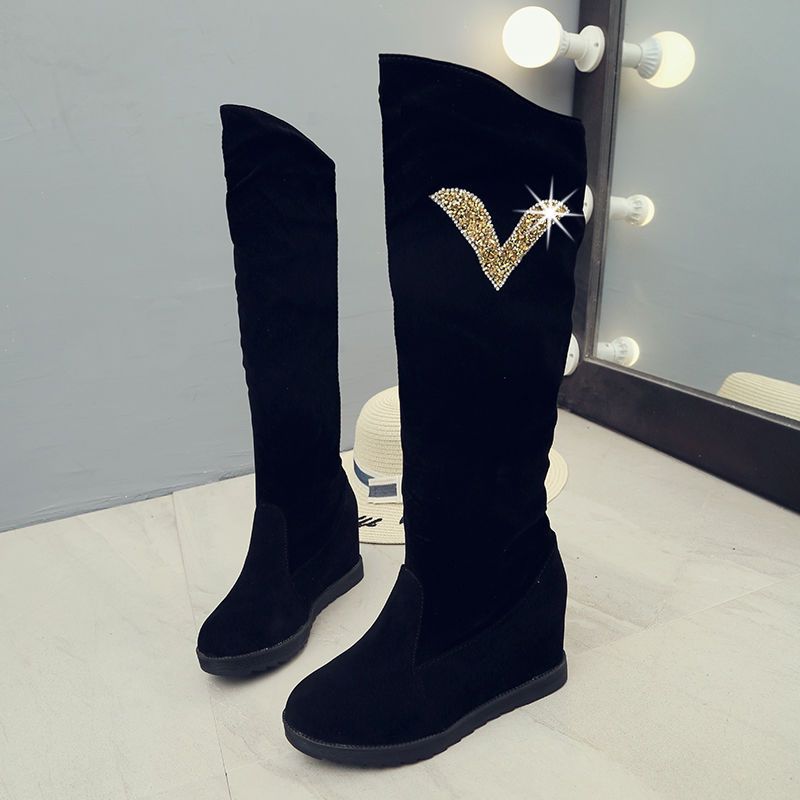 Autumn and Winter Velvet Medium and Long Boots High Heel Women's Suede Medium Boots Rhinestone Slope Heel Long Inner Height Increasing Women's Knig