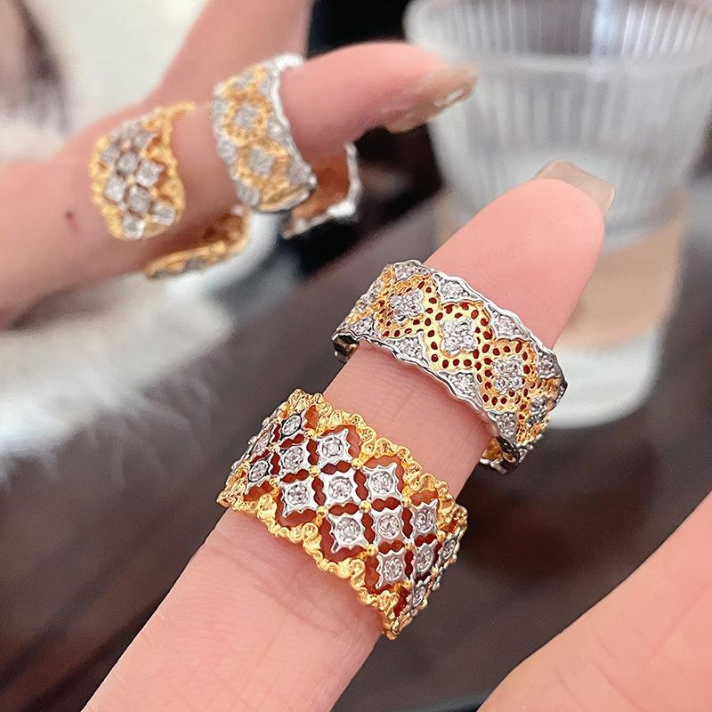 Italian Cloth Pattern Engraved Gold Light Luxury Craft Bratti Ring Medium Antique Classical Retro Court Open Ring