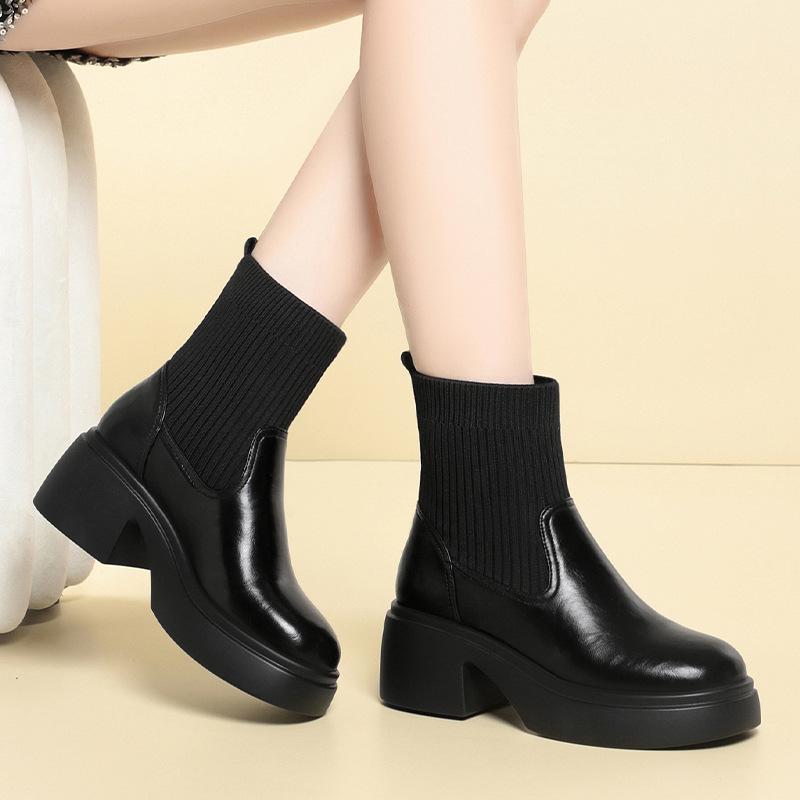 6cm Fashion Comfortable Soft Leather Boots Women's Platform Shoes Winter 2025 Flexible Elastic Sock Boots Warm Fur Ankle Botas