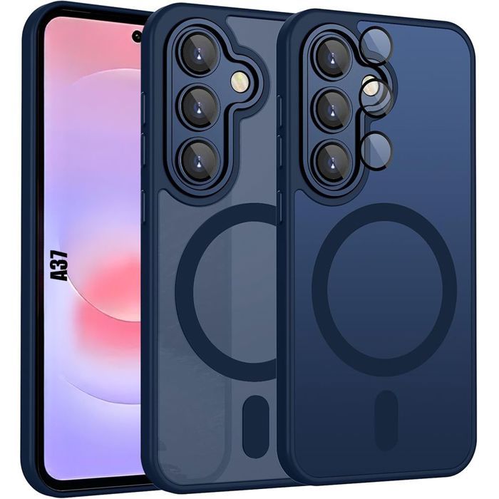 Coque pour Samsung Galaxy A37 5G, avec Anneau Magnétique et Vitre Caméra - Bleu Marine